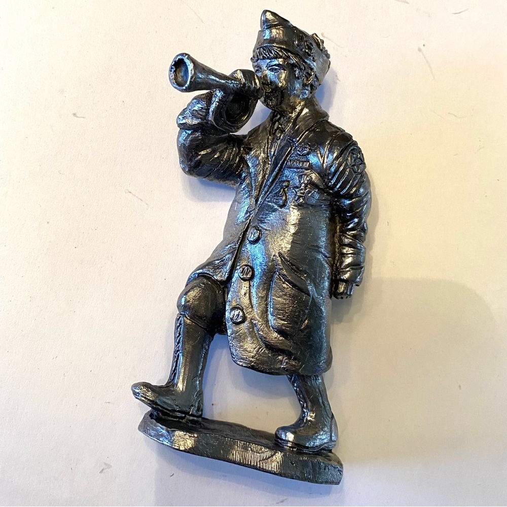 Vintage Silver Pewter Figurine of boy with bugle in oversized uniform